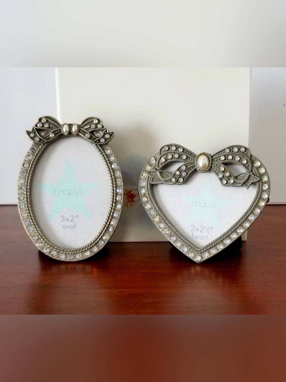 VINTAGE 2PC PEWTER METAL, RAINBOW CRYSTALS & FAUX PEARL MINI FRAMES BY MACY’S